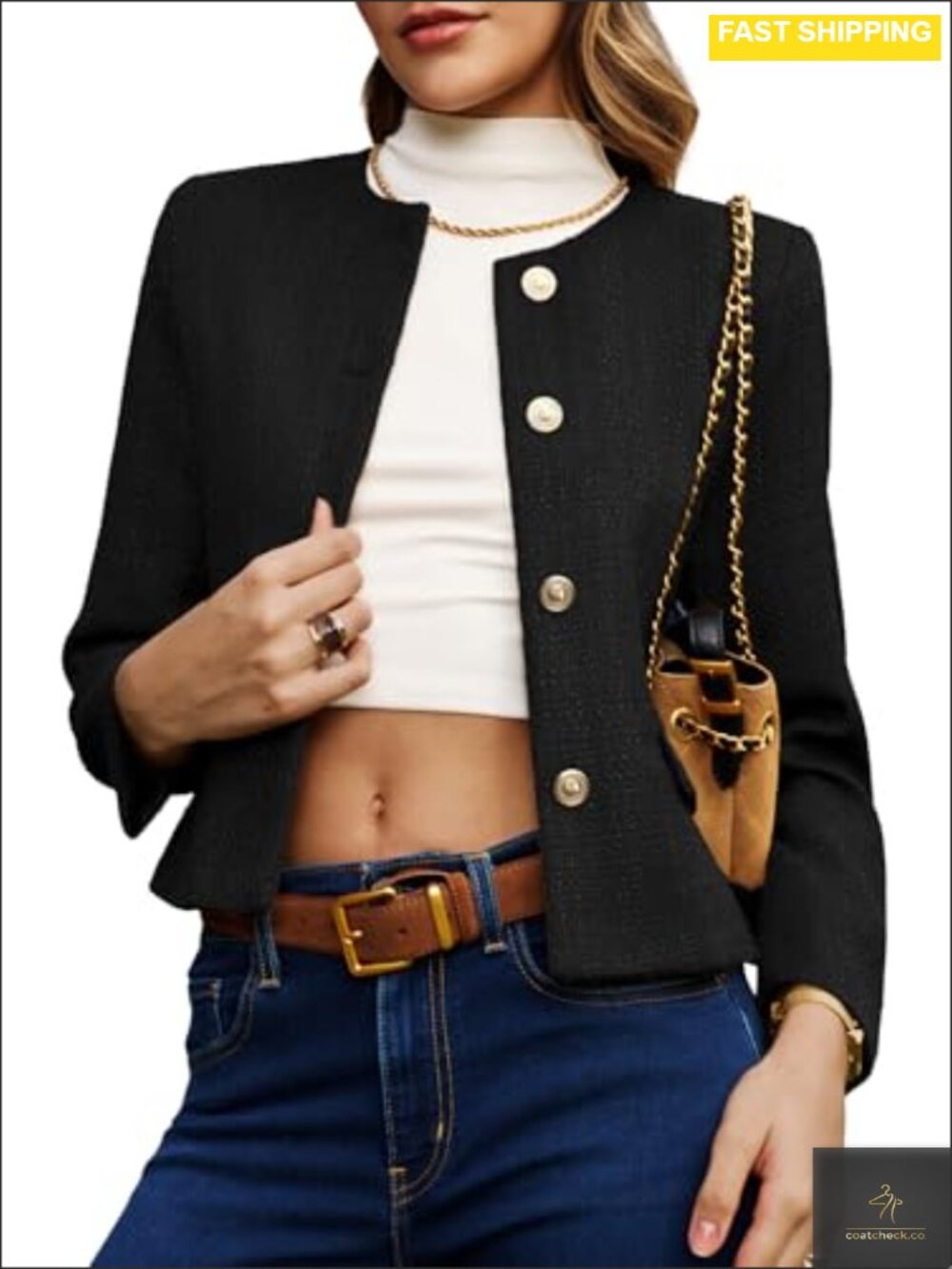 Cropped Tweed Blazer Collarless Button Down Business Casual Coat